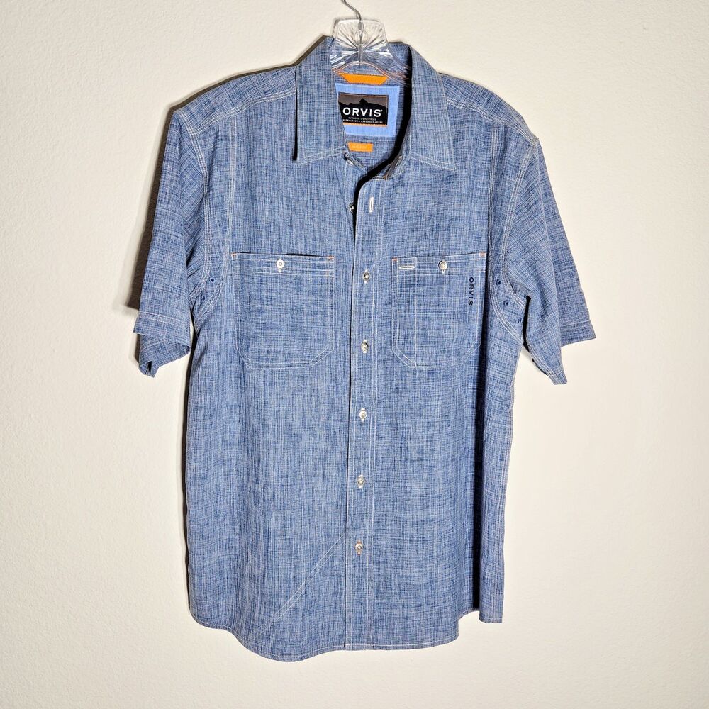 Orvis Mens M Blue Short Sleeve Shirt Button-Down Active Fit Lightweight Pockets